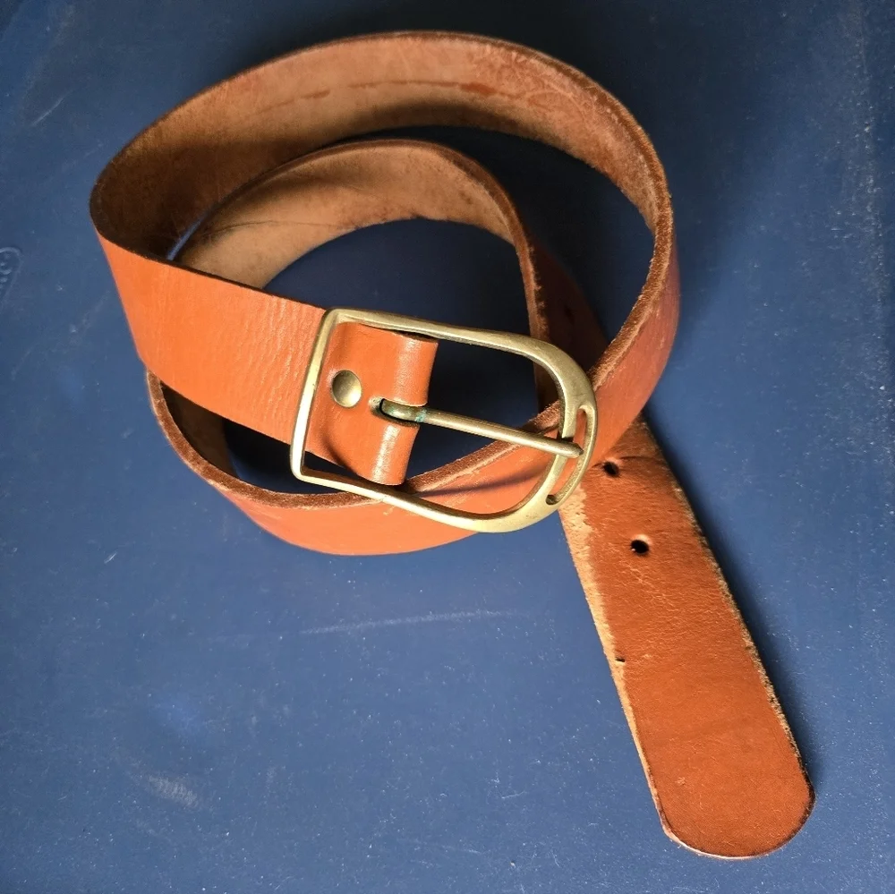 Solid Brass Tan Leather Belt with Solid Brass Buckle 42